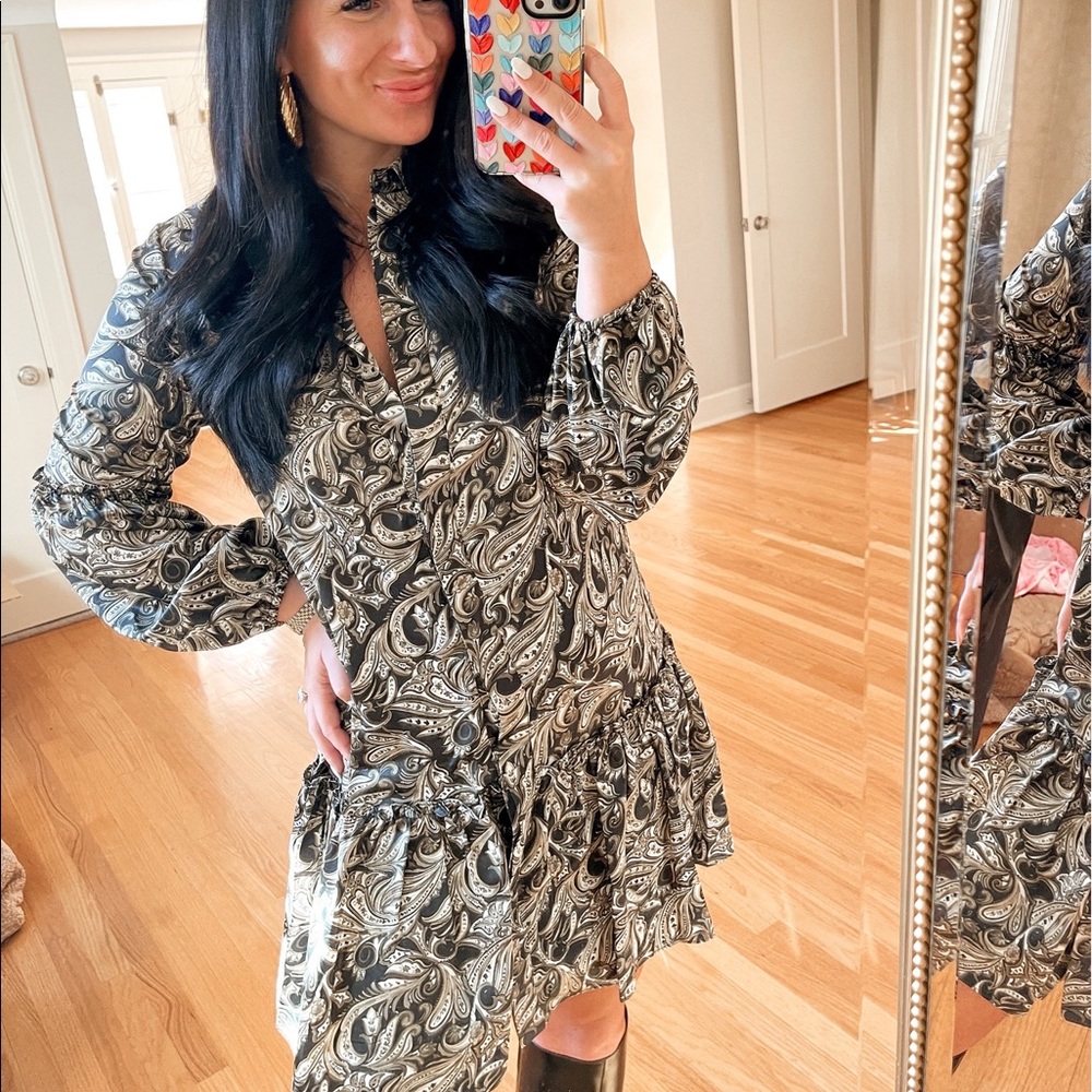 Paisley Print Mini Dress in Black & Cream